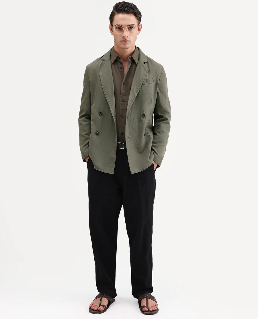 Rare Rabbit Men's Deb Dusky Olive Linen Blend Fabric Lapel Neck Tailored Fit Plain Blazer