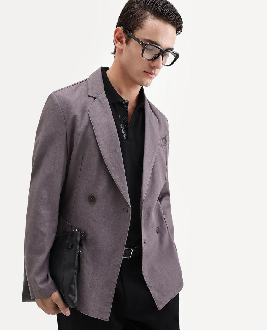 Rare Rabbit Men's Deb Grey Linen Blend Fabric Lapel Neck Tailored Fit Plain Blazer