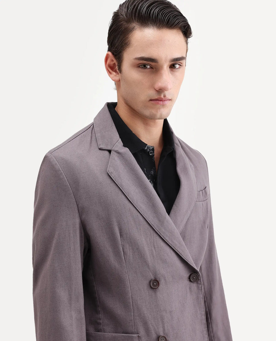 Rare Rabbit Men's Deb Grey Linen Blend Fabric Lapel Neck Tailored Fit Plain Blazer