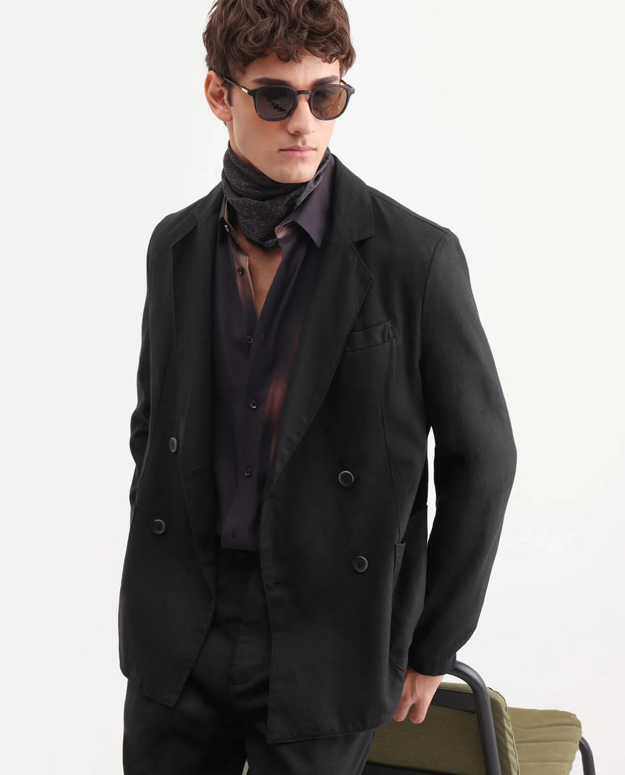 Rare Rabbit Men's Deb Black Linen Blend Fabric Lapel Neck Tailored Fit Plain Blazer