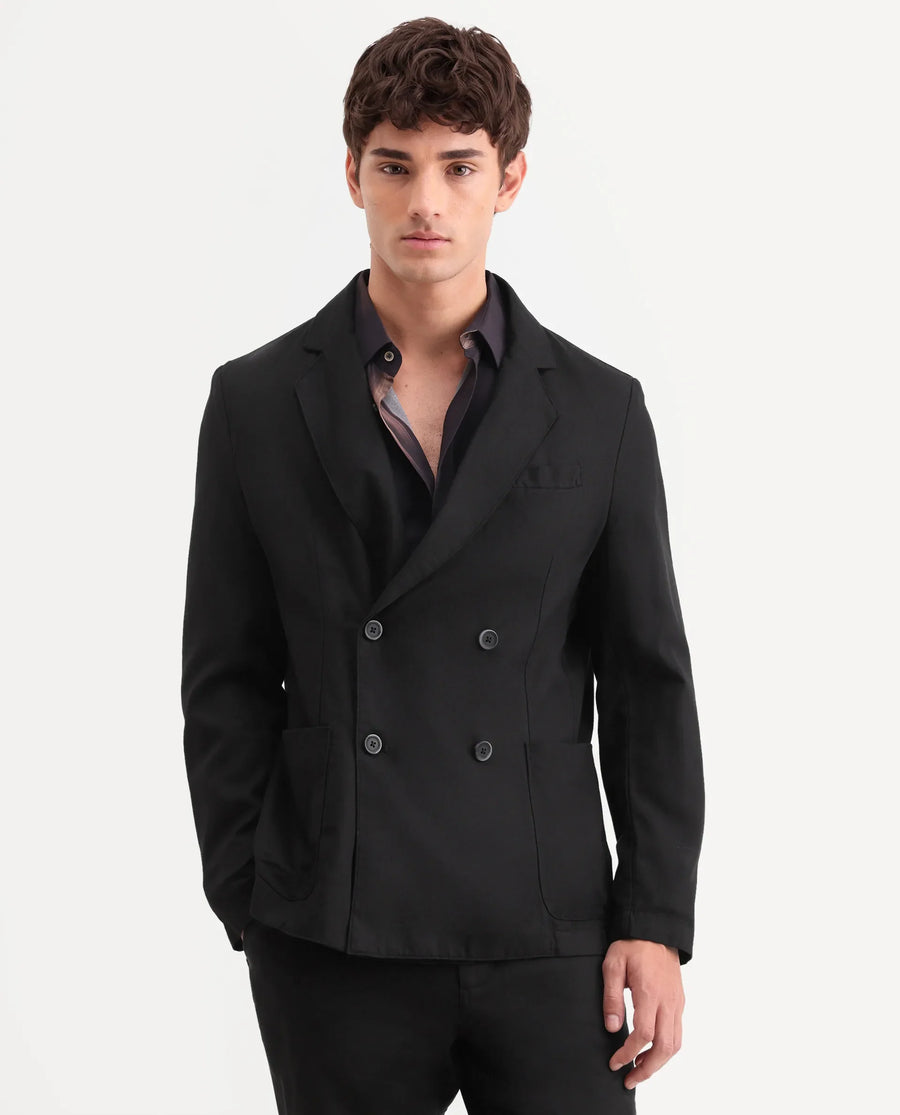 Rare Rabbit Men's Deb Black Linen Blend Fabric Lapel Neck Tailored Fit Plain Blazer