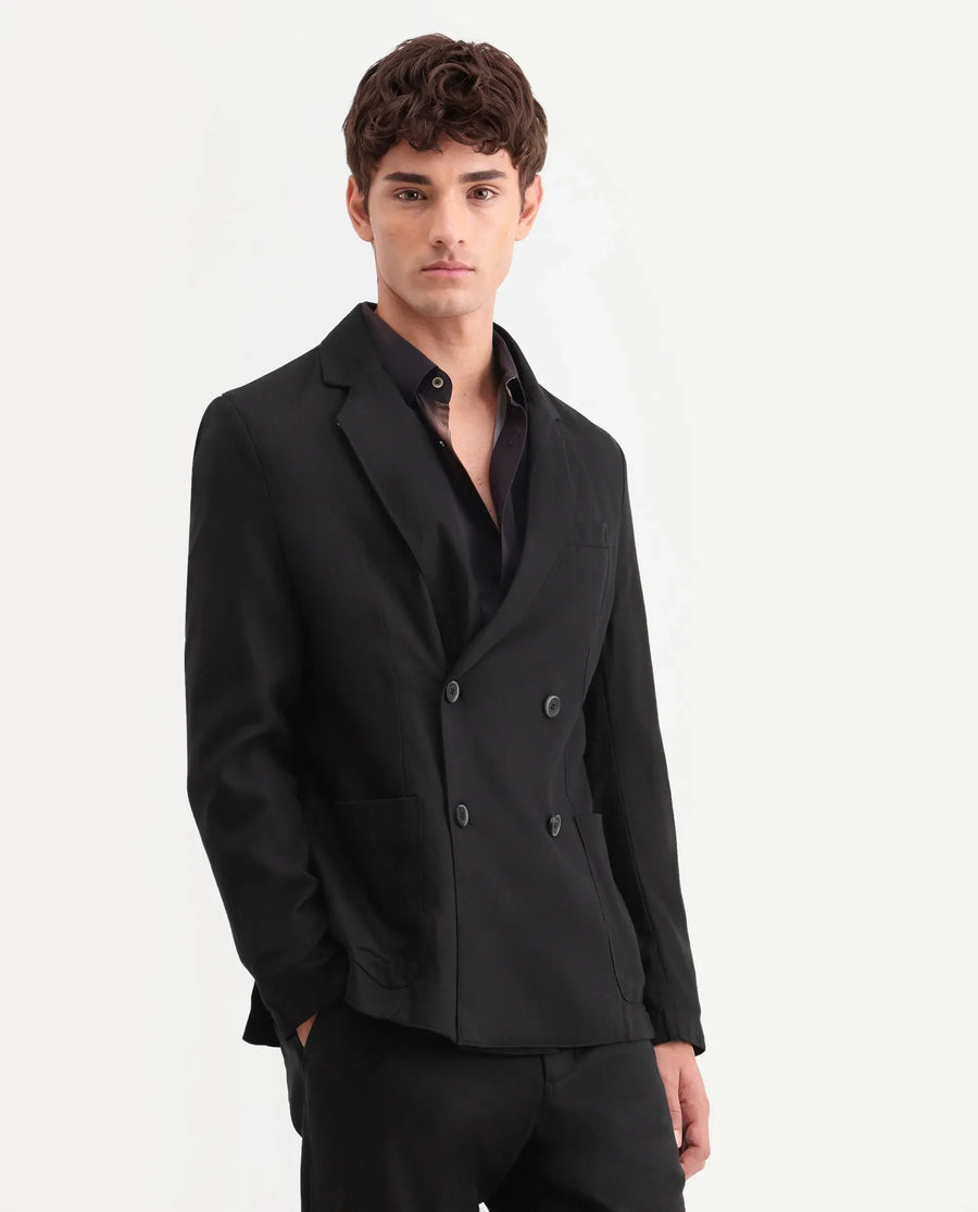 Rare Rabbit Men's Deb Black Linen Blend Fabric Lapel Neck Tailored Fit Plain Blazer