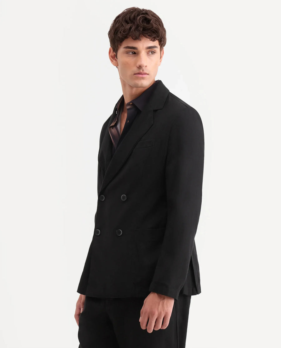 Rare Rabbit Men's Deb Black Linen Blend Fabric Lapel Neck Tailored Fit Plain Blazer