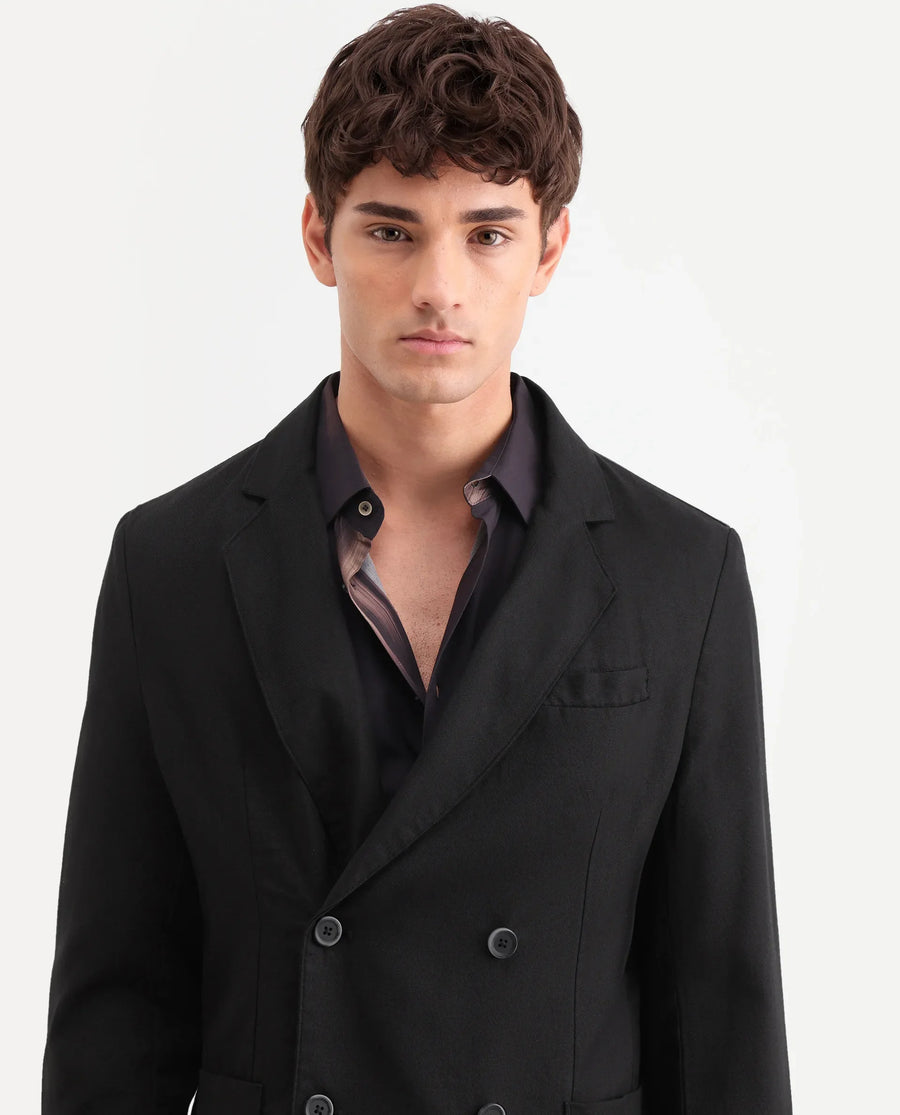 Rare Rabbit Men's Deb Black Linen Blend Fabric Lapel Neck Tailored Fit Plain Blazer