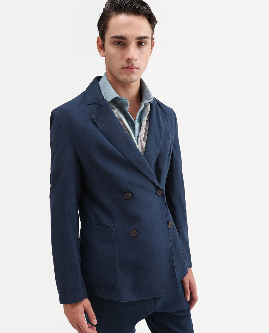 Rare Rabbit Men's Deb Navy Linen Blend Fabric Lapel Neck Tailored Fit Plain Blazer