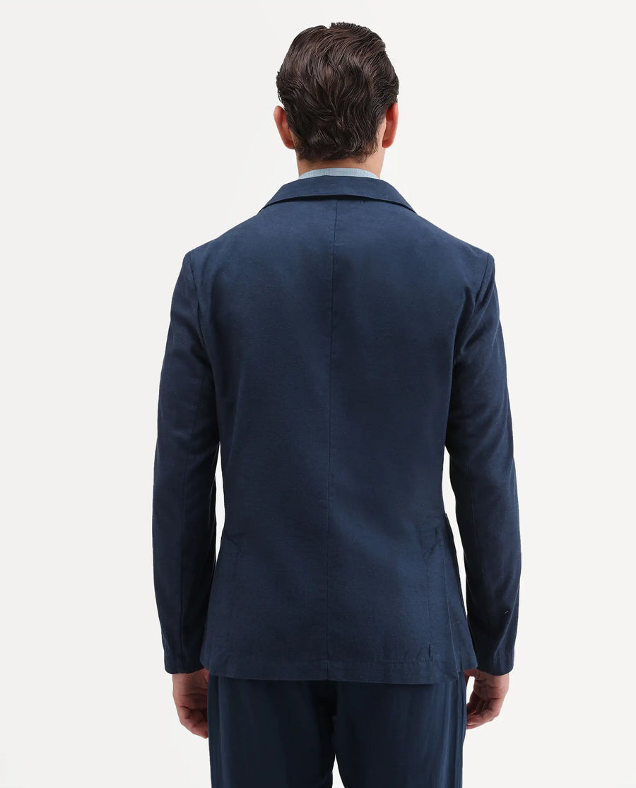 Rare Rabbit Men's Deb Navy Linen Blend Fabric Lapel Neck Tailored Fit Plain Blazer