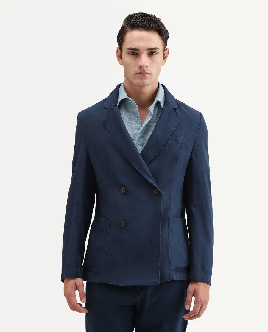 Rare Rabbit Men's Deb Navy Linen Blend Fabric Lapel Neck Tailored Fit Plain Blazer