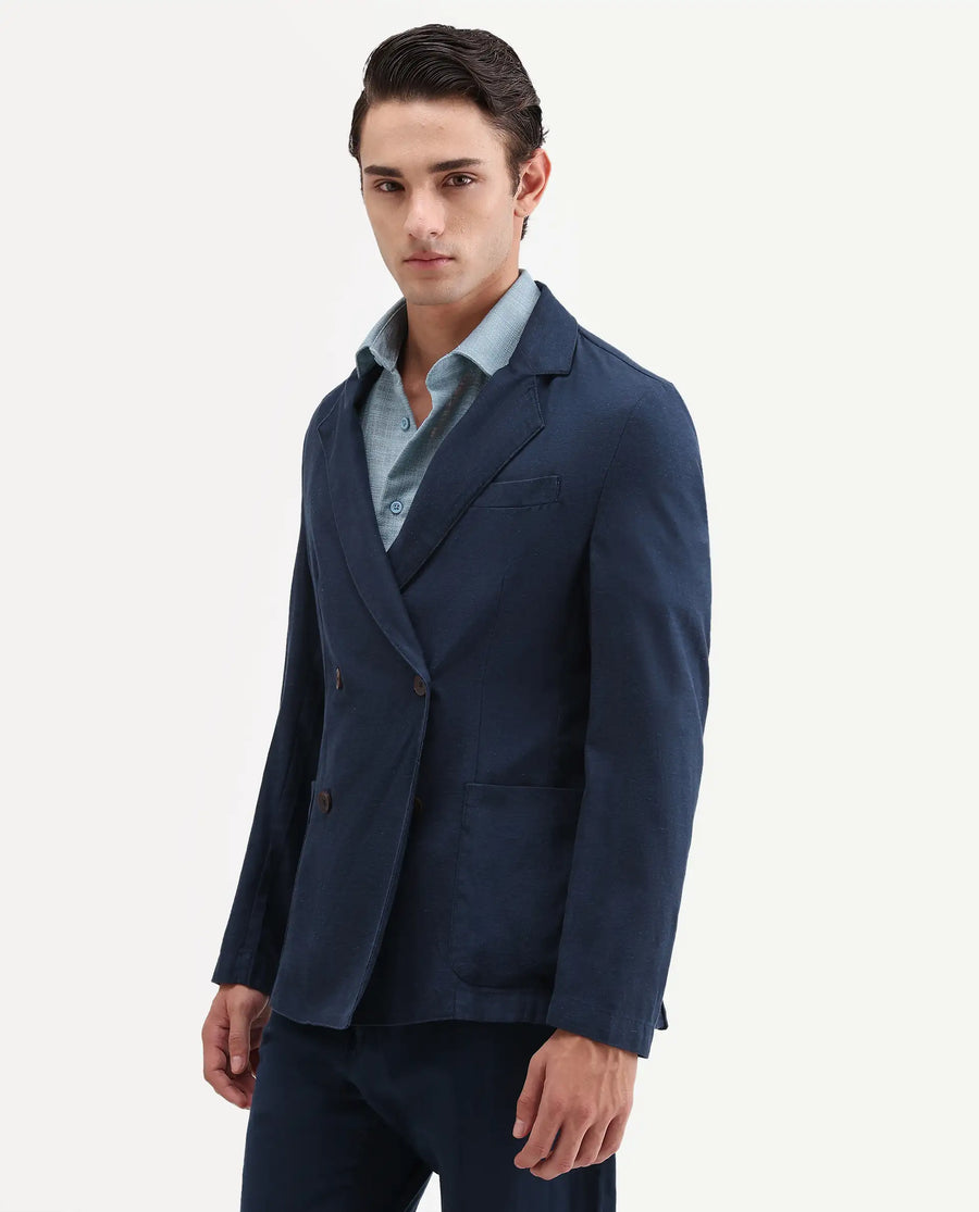 Rare Rabbit Men's Deb Navy Linen Blend Fabric Lapel Neck Tailored Fit Plain Blazer