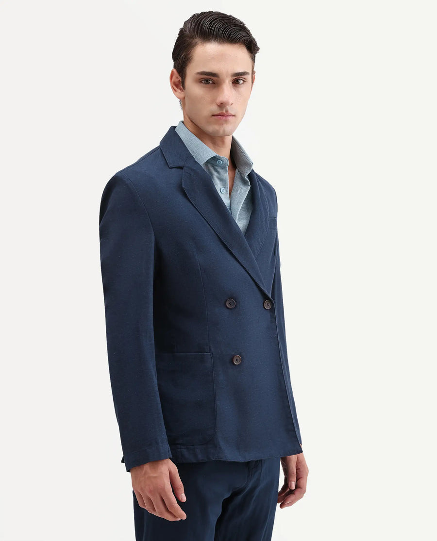 Rare Rabbit Men's Deb Navy Linen Blend Fabric Lapel Neck Tailored Fit Plain Blazer