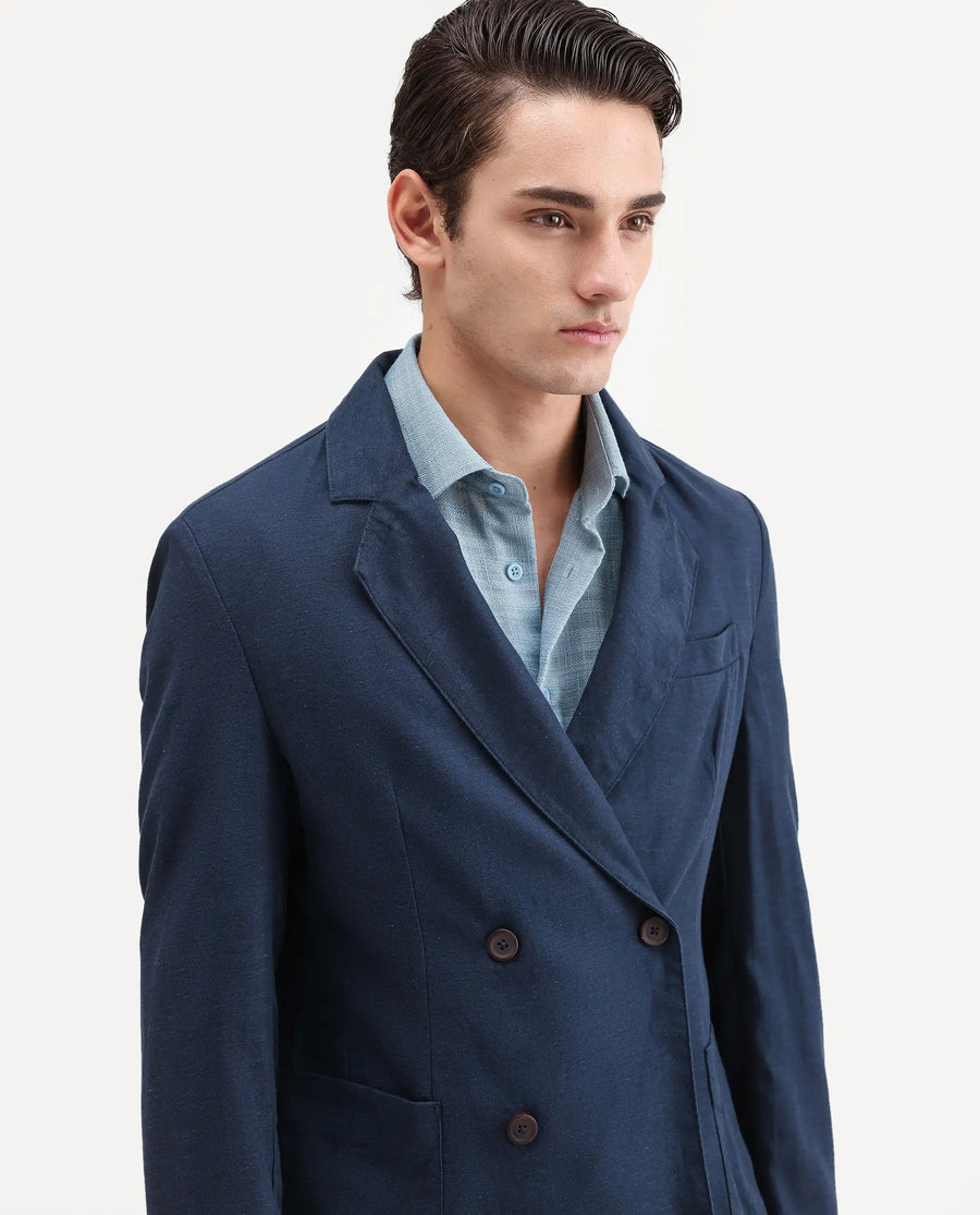 Rare Rabbit Men's Deb Navy Linen Blend Fabric Lapel Neck Tailored Fit Plain Blazer
