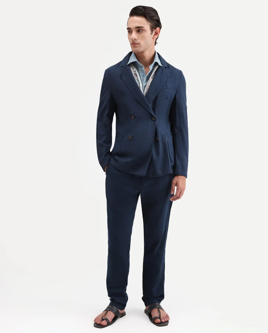 Rare Rabbit Men's Deb Navy Linen Blend Fabric Lapel Neck Tailored Fit Plain Blazer