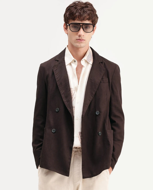 Rare Rabbit Men's Deb Dark Brown Linen Blend Fabric Lapel Neck Tailored Fit Plain Blazer