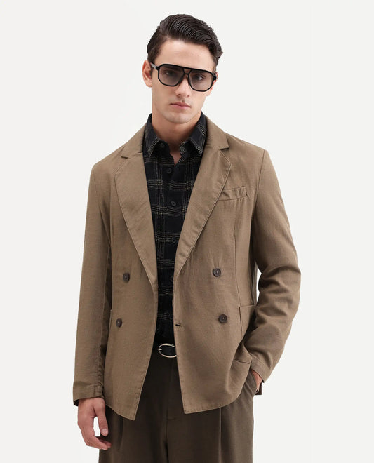 Rare Rabbit Men's Deb Khaki Linen Blend Fabric Lapel Neck Tailored Fit Plain Blazer