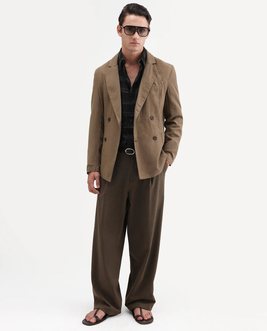 Rare Rabbit Men's Deb Khaki Linen Blend Fabric Lapel Neck Tailored Fit Plain Blazer