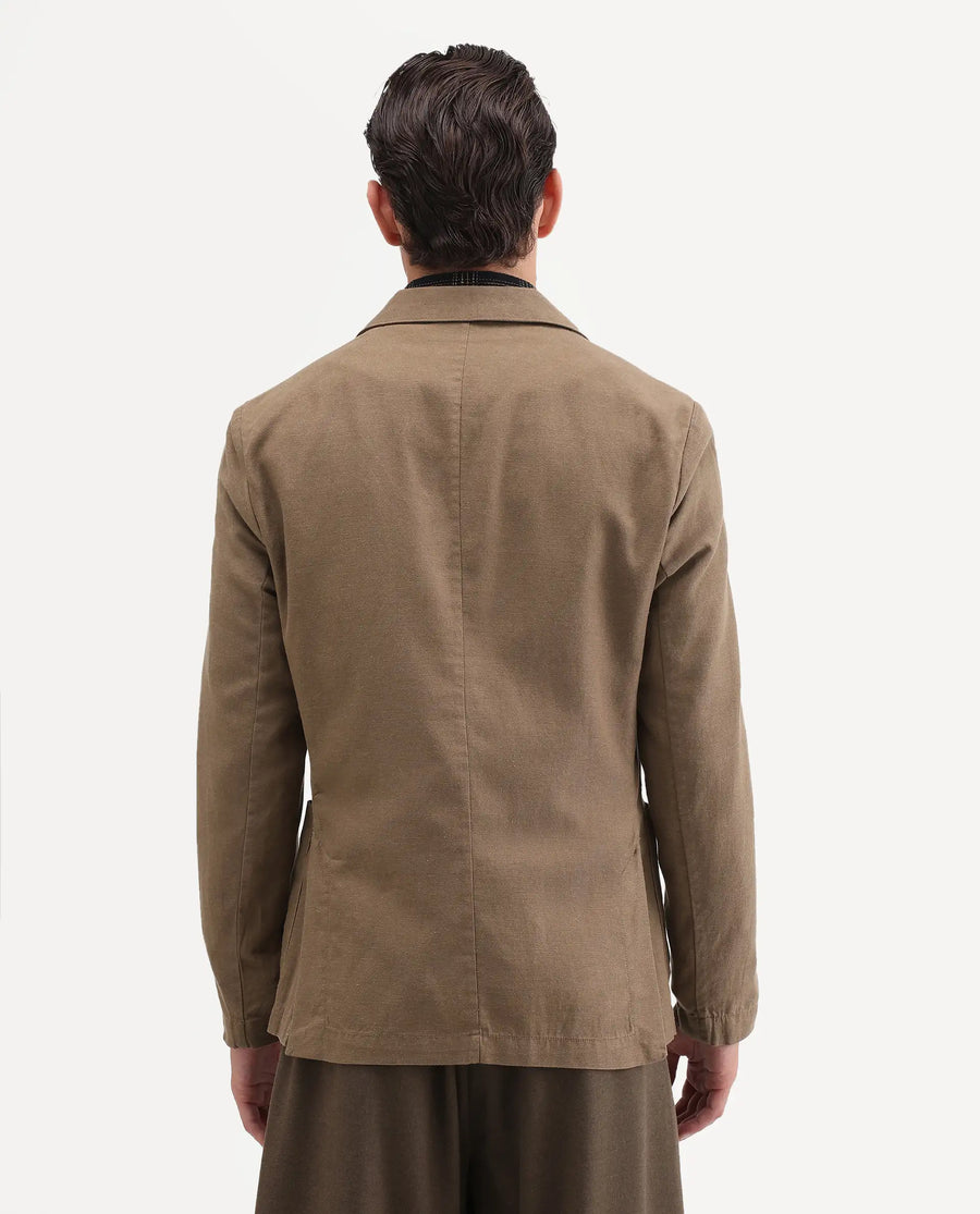 Rare Rabbit Men's Deb Khaki Linen Blend Fabric Lapel Neck Tailored Fit Plain Blazer