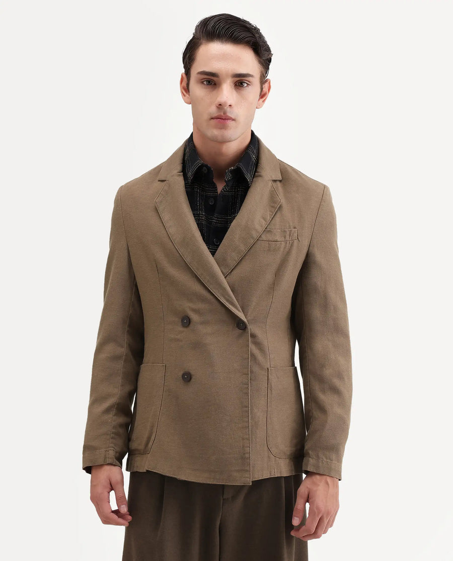 Rare Rabbit Men's Deb Khaki Linen Blend Fabric Lapel Neck Tailored Fit Plain Blazer