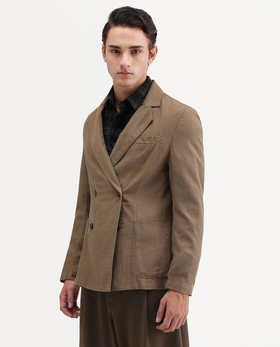 Rare Rabbit Men's Deb Khaki Linen Blend Fabric Lapel Neck Tailored Fit Plain Blazer