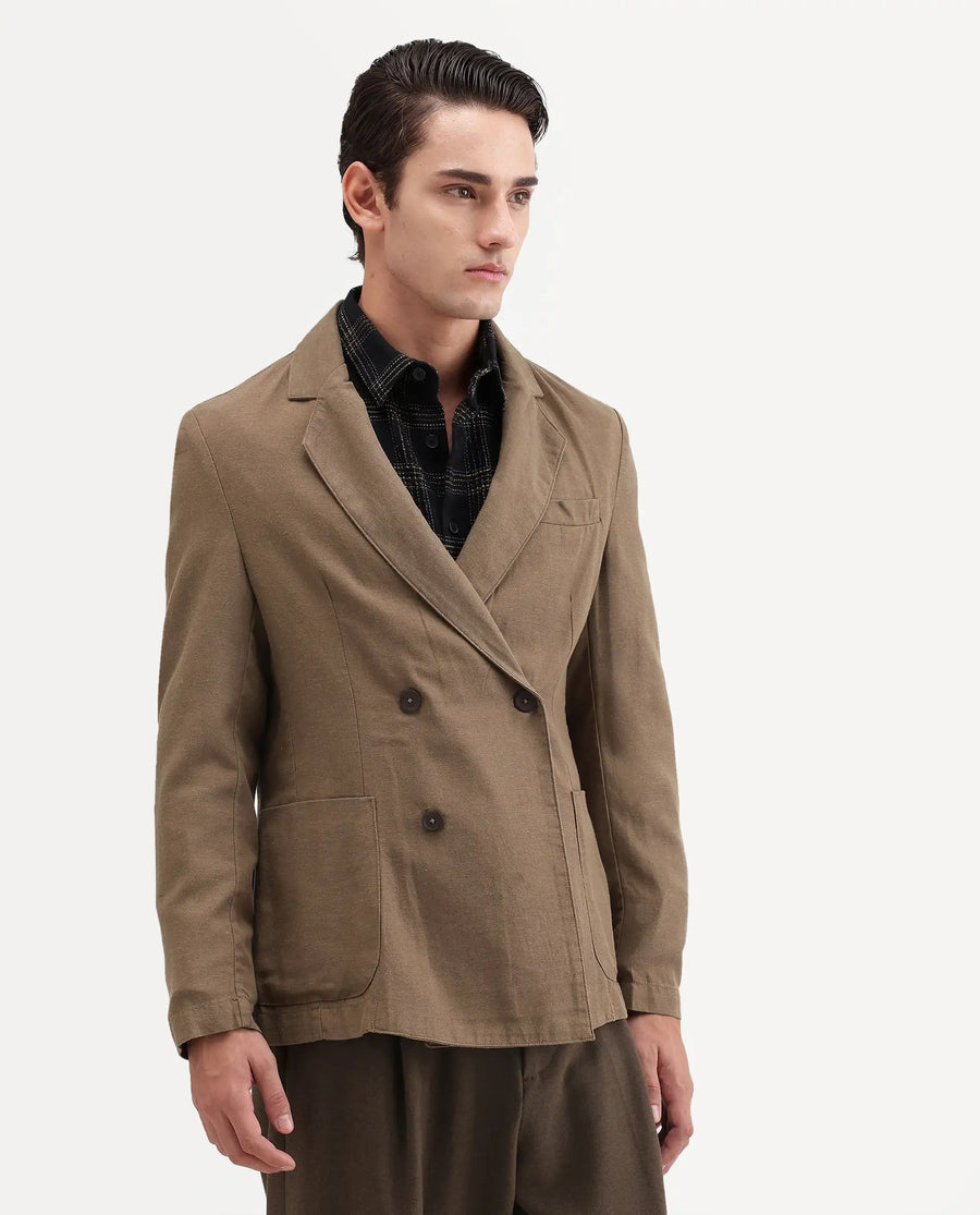 Rare Rabbit Men's Deb Khaki Linen Blend Fabric Lapel Neck Tailored Fit Plain Blazer