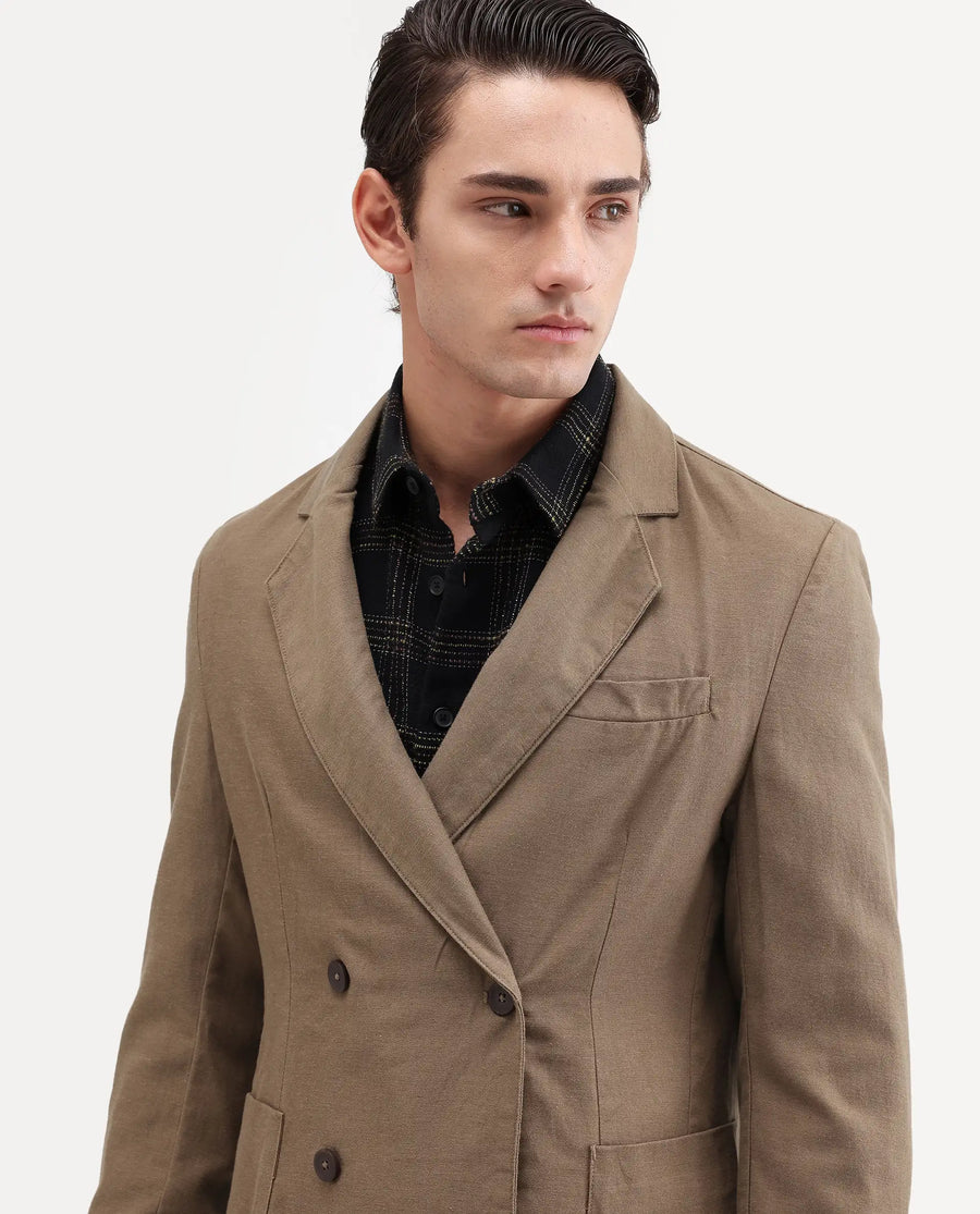 Rare Rabbit Men's Deb Khaki Linen Blend Fabric Lapel Neck Tailored Fit Plain Blazer