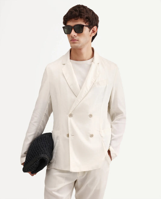 Rare Rabbit Men's Deb Off White Linen Blend Fabric Lapel Neck Tailored Fit Plain Blazer