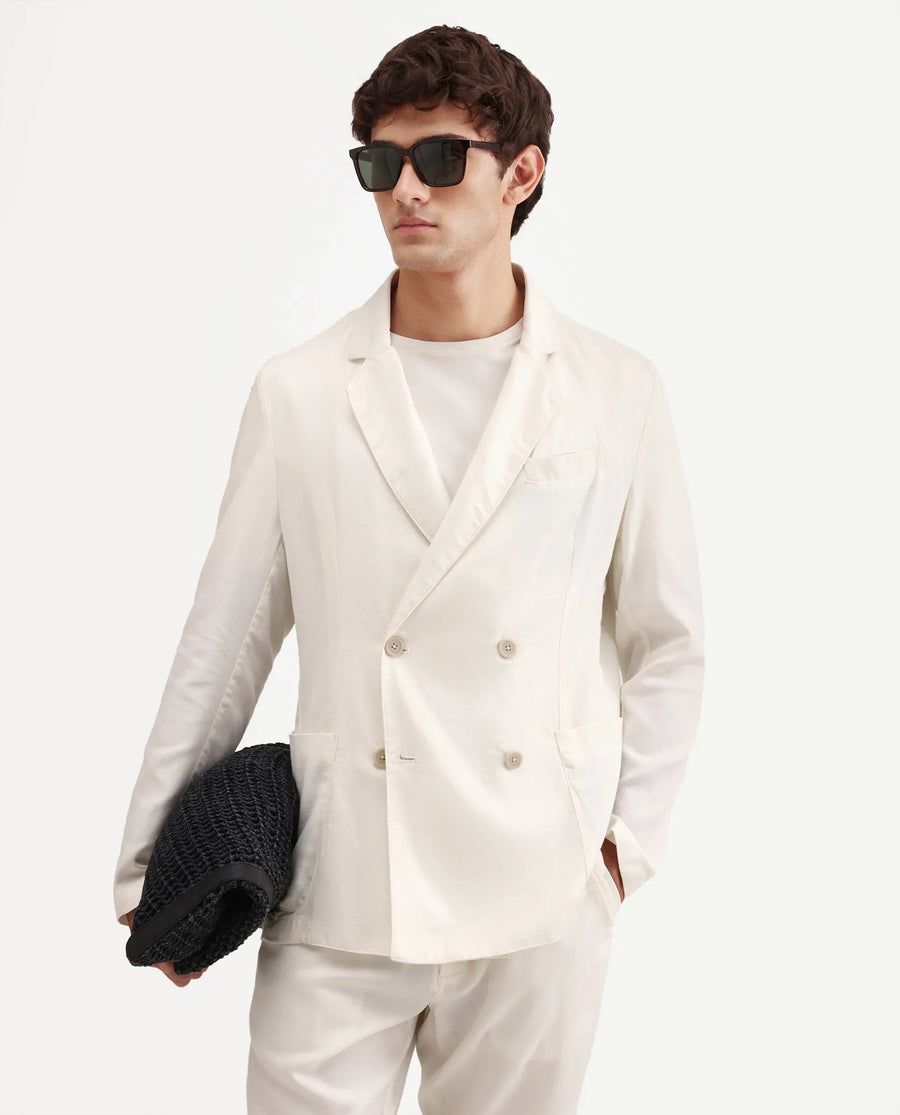 Rare Rabbit Men's Deb Off White Linen Blend Fabric Lapel Neck Tailored Fit Plain Blazer