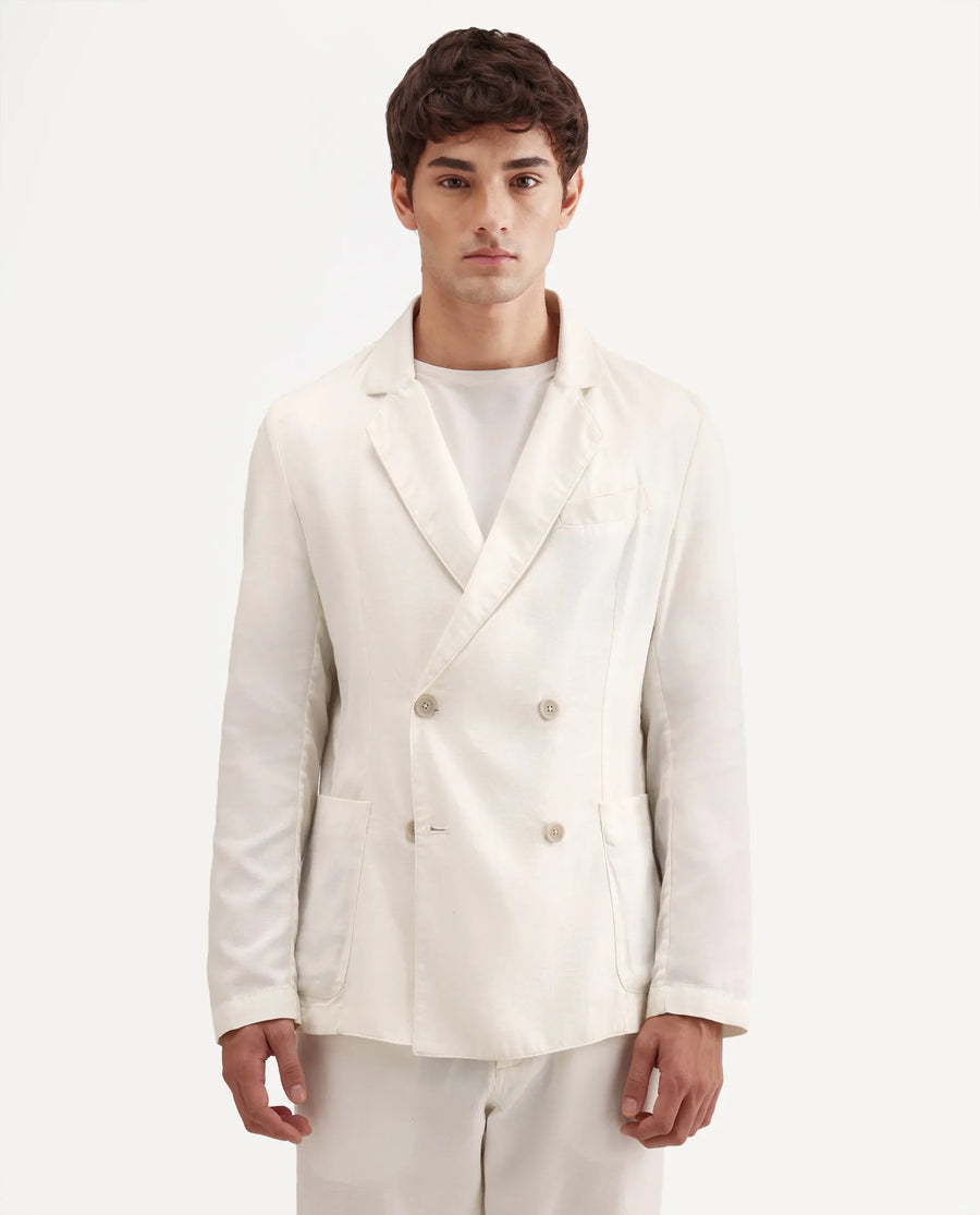 Rare Rabbit Men's Deb Off White Linen Blend Fabric Lapel Neck Tailored Fit Plain Blazer