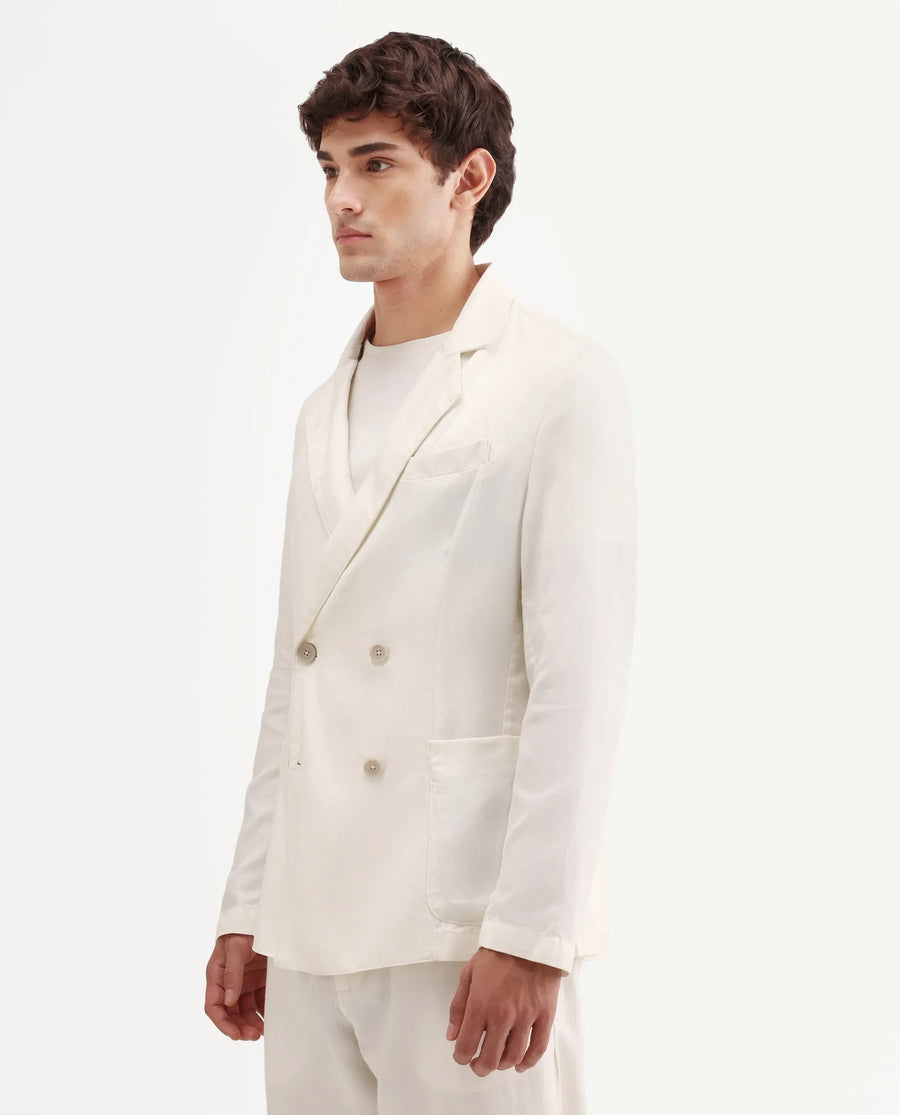Rare Rabbit Men's Deb Off White Linen Blend Fabric Lapel Neck Tailored Fit Plain Blazer