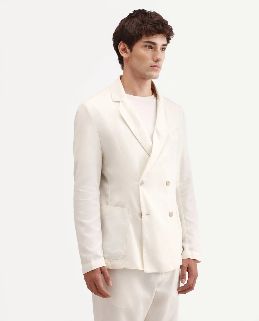 Rare Rabbit Men's Deb Off White Linen Blend Fabric Lapel Neck Tailored Fit Plain Blazer