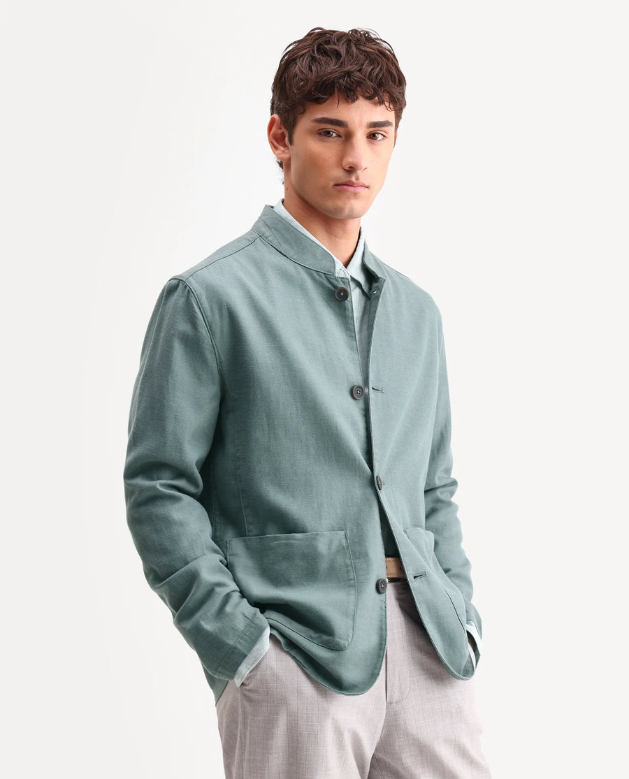 Rare Rabbit Men's Bela Dusky Green Linen Blend Fabric Mandarin Collar Neck Tailored Fit Coat