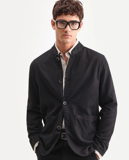 Rare Rabbit Men's Bela Black Linen Blend Fabric Mandarin Collar Neck Tailored Fit Coat