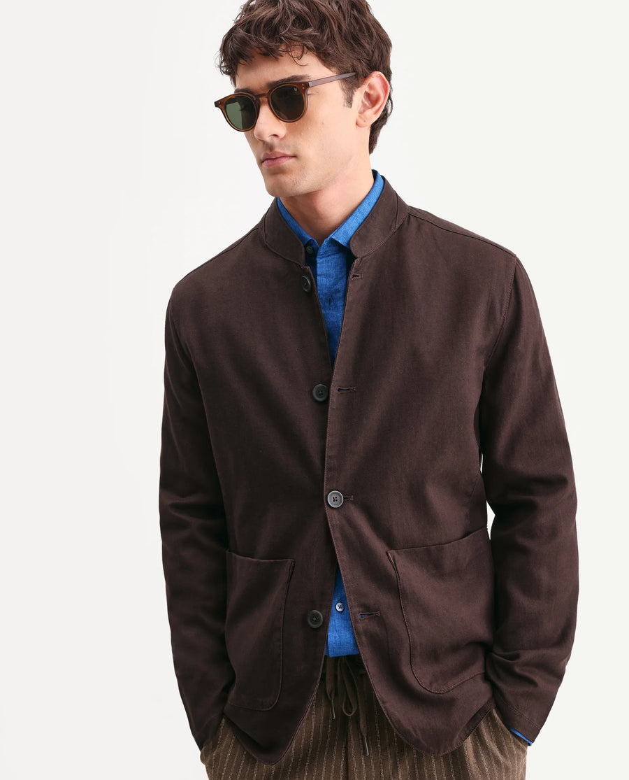 Rare Rabbit Men's Bela Dark Brown Linen Blend Fabric Mandarin Collar Neck Tailored Fit Coat