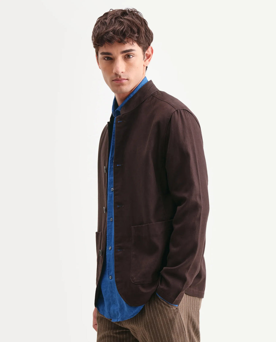 Rare Rabbit Men's Bela Dark Brown Linen Blend Fabric Mandarin Collar Neck Tailored Fit Coat