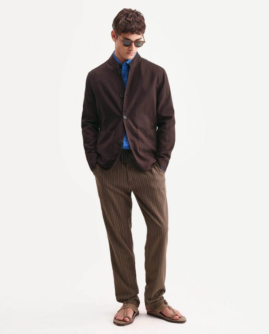 Rare Rabbit Men's Bela Dark Brown Linen Blend Fabric Mandarin Collar Neck Tailored Fit Coat