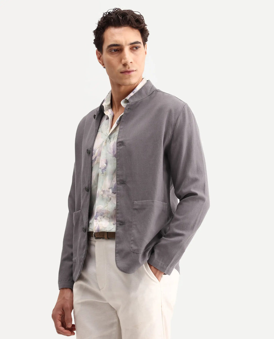 Rare Rabbit Men's Bela Dark Grey Linen Blend Fabric Mandarin Collar Neck Tailored Fit Coat