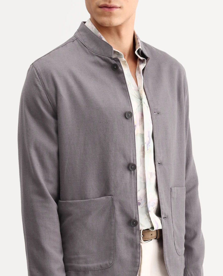 Rare Rabbit Men's Bela Dark Grey Linen Blend Fabric Mandarin Collar Neck Tailored Fit Coat