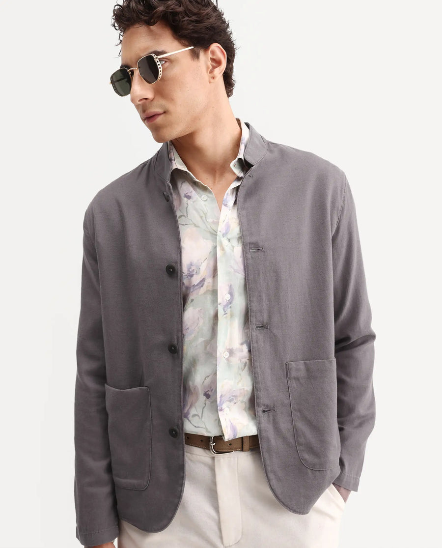 Rare Rabbit Men's Bela Dark Grey Linen Blend Fabric Mandarin Collar Neck Tailored Fit Coat