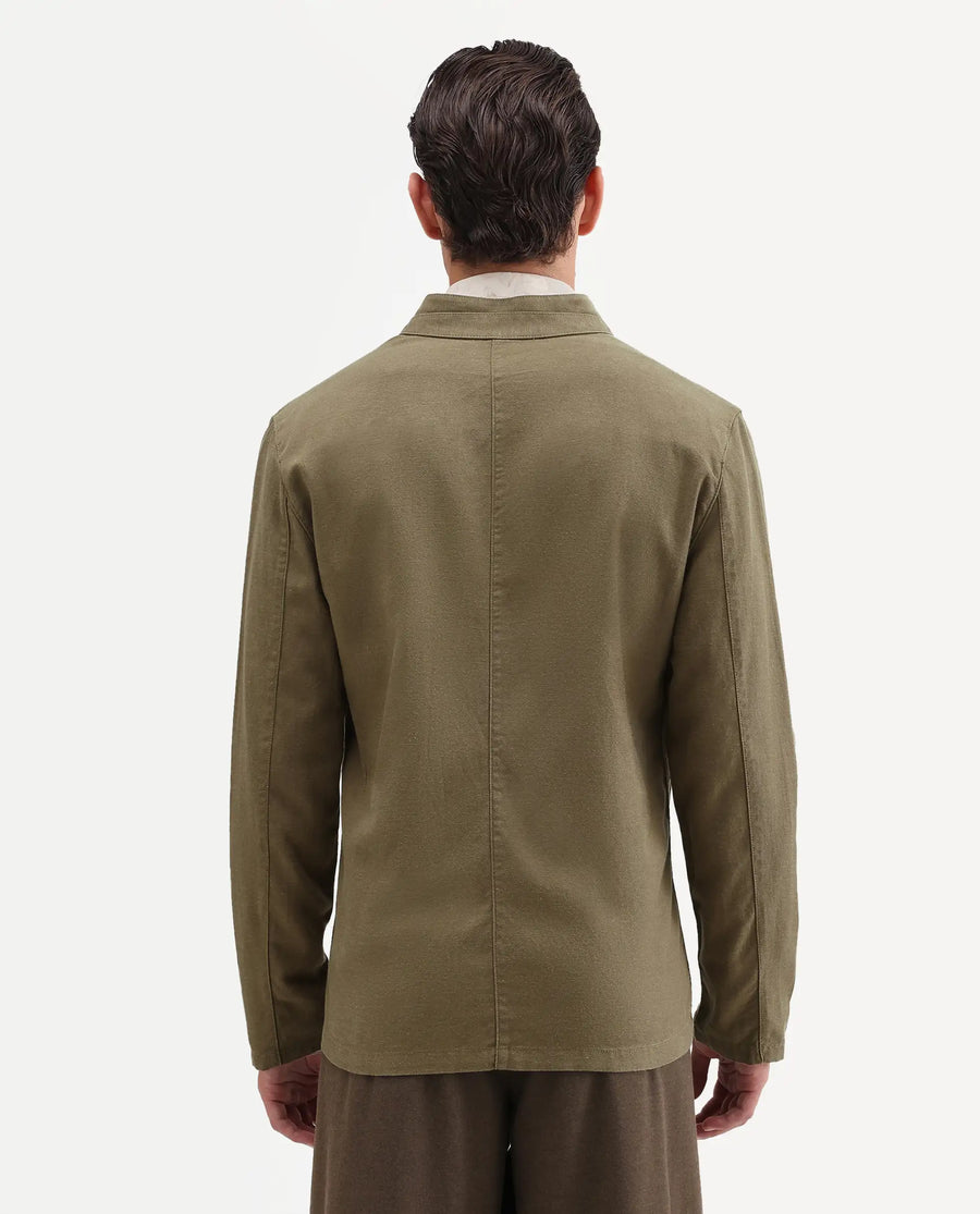 Rare Rabbit Men's Bela Khaki Linen Blend Fabric Mandarin Collar Neck Tailored Fit Coat