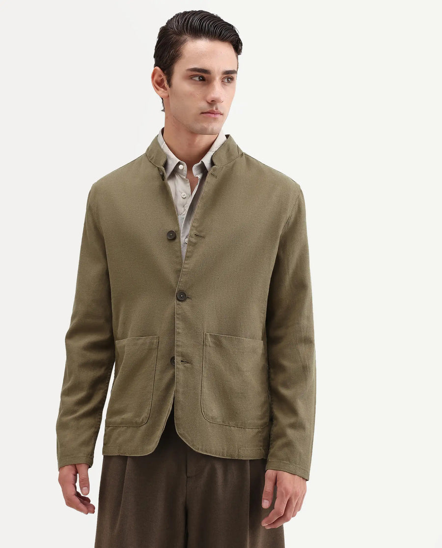 Rare Rabbit Men's Bela Khaki Linen Blend Fabric Mandarin Collar Neck Tailored Fit Coat