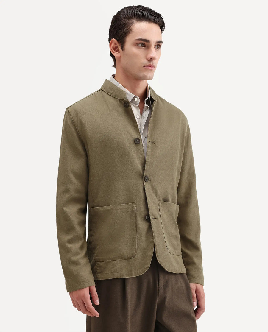 Rare Rabbit Men's Bela Khaki Linen Blend Fabric Mandarin Collar Neck Tailored Fit Coat