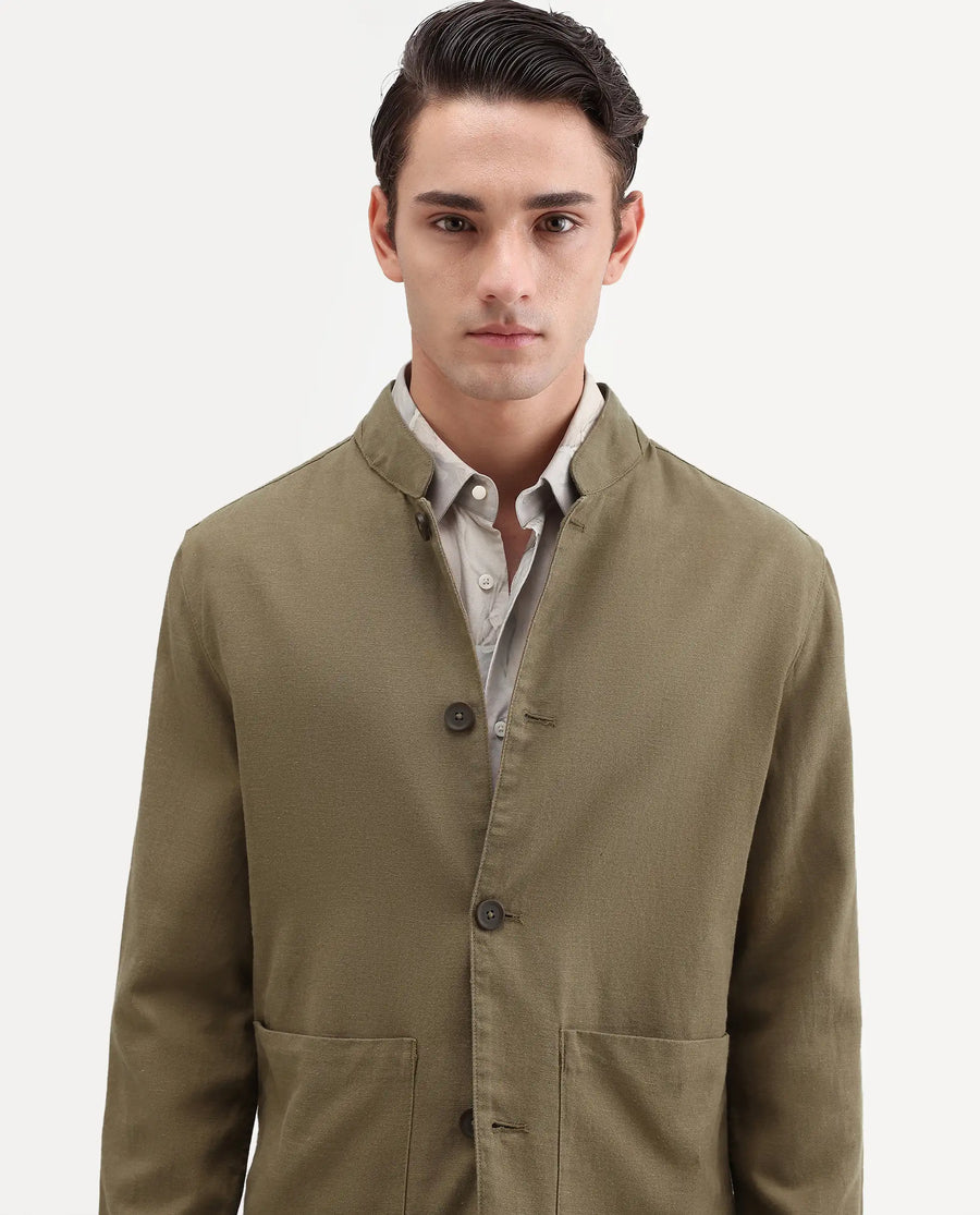 Rare Rabbit Men's Bela Khaki Linen Blend Fabric Mandarin Collar Neck Tailored Fit Coat