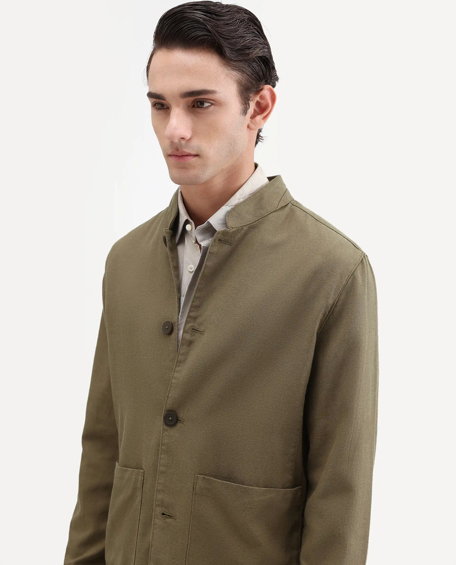 Rare Rabbit Men's Bela Khaki Linen Blend Fabric Mandarin Collar Neck Tailored Fit Coat