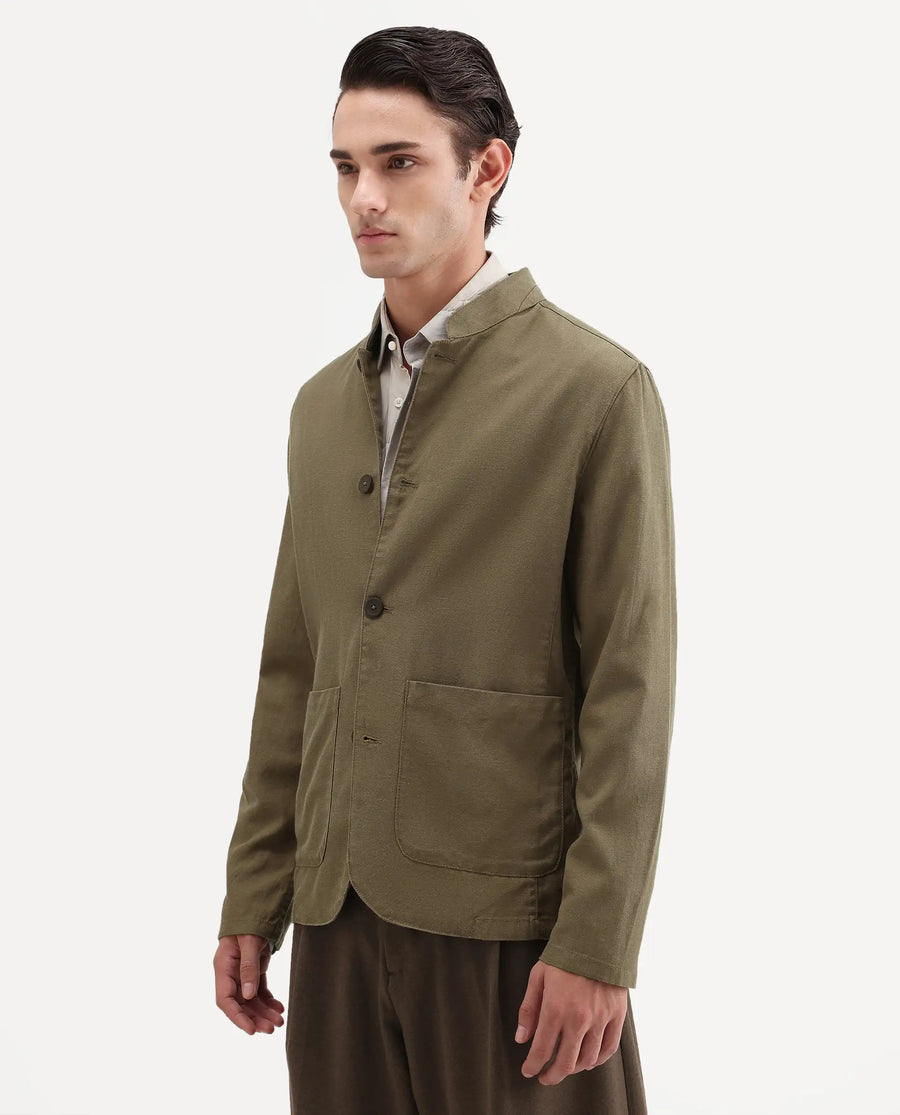 Rare Rabbit Men's Bela Khaki Linen Blend Fabric Mandarin Collar Neck Tailored Fit Coat