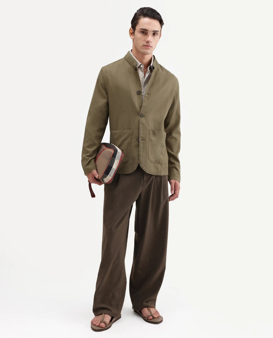 Rare Rabbit Men's Bela Khaki Linen Blend Fabric Mandarin Collar Neck Tailored Fit Coat