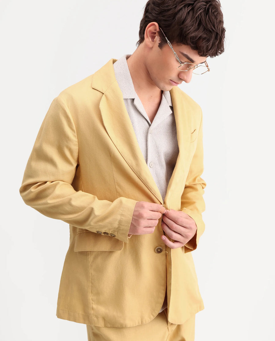 Rare Rabbit Men's Linol Yellow Linen Blend Fabric Lapel Neck Tailored Fit Plain Blazer