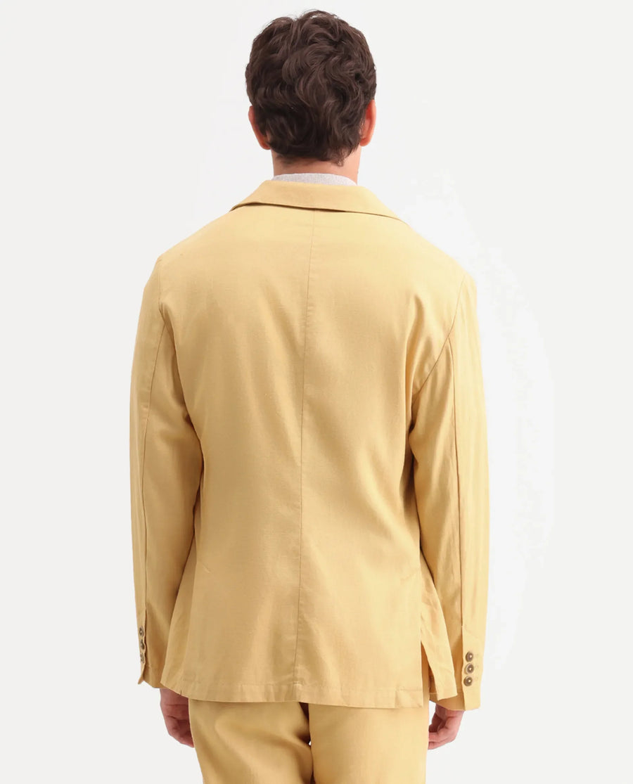 Rare Rabbit Men's Linol Yellow Linen Blend Fabric Lapel Neck Tailored Fit Plain Blazer