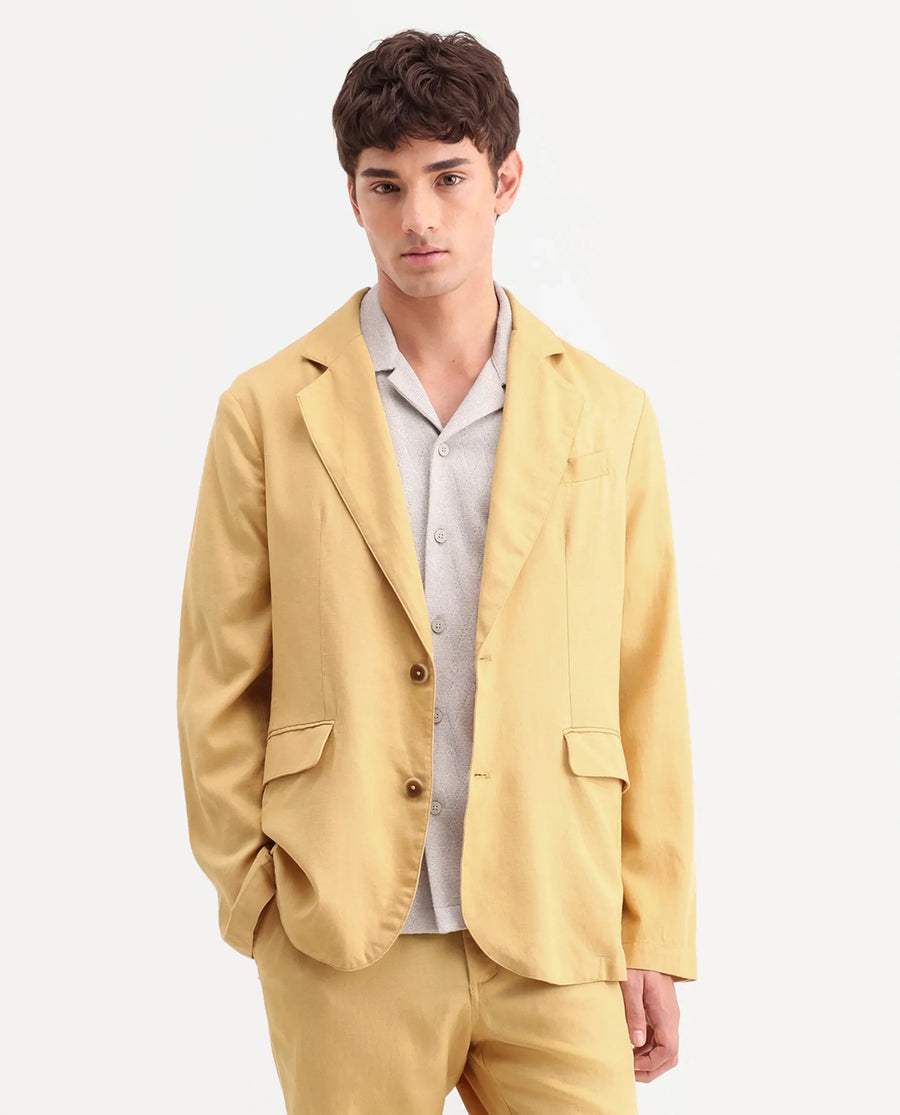 Rare Rabbit Men's Linol Yellow Linen Blend Fabric Lapel Neck Tailored Fit Plain Blazer