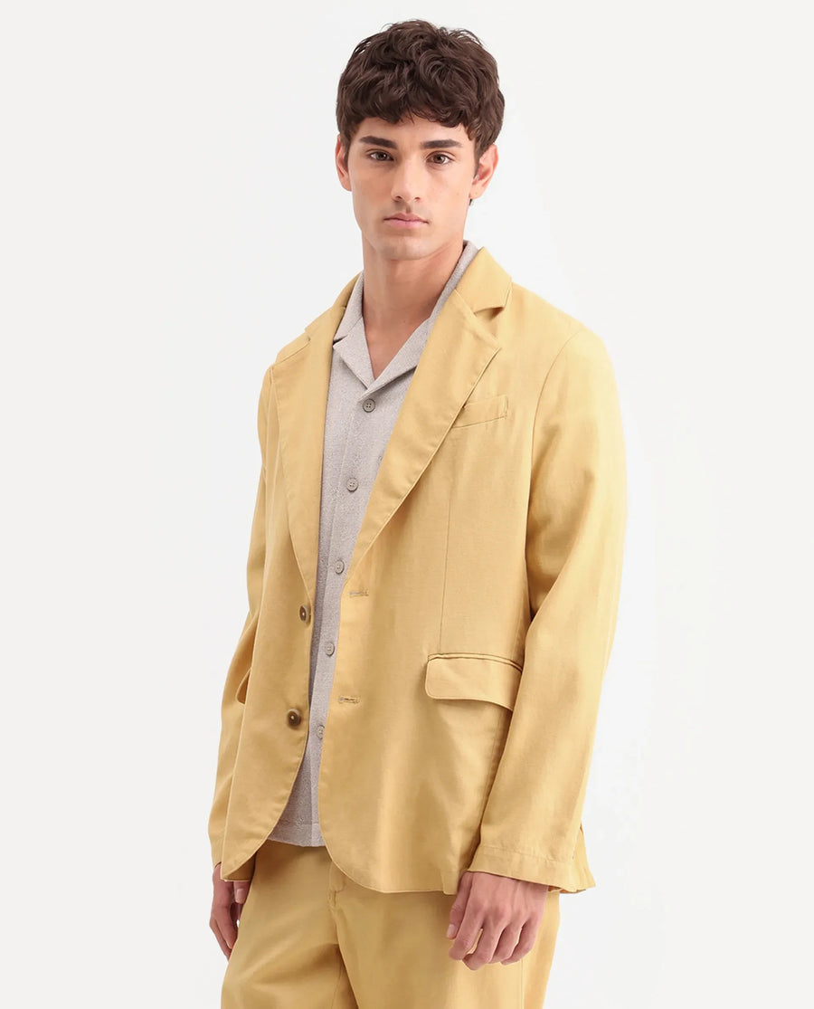 Rare Rabbit Men's Linol Yellow Linen Blend Fabric Lapel Neck Tailored Fit Plain Blazer