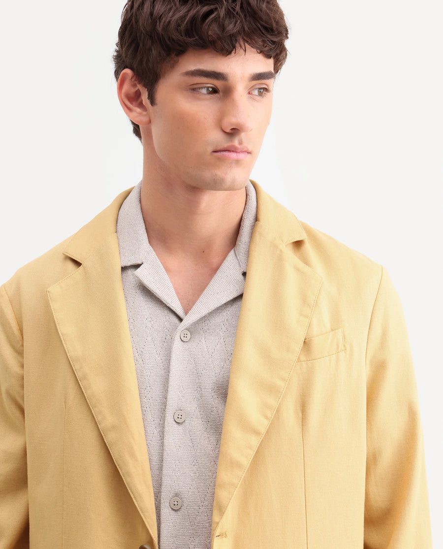 Rare Rabbit Men's Linol Yellow Linen Blend Fabric Lapel Neck Tailored Fit Plain Blazer