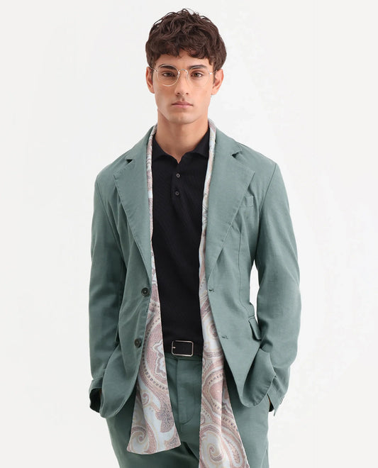 Rare Rabbit Men's Linol Dusky Green Linen Blend Fabric Lapel Neck Tailored Fit Plain Blazer