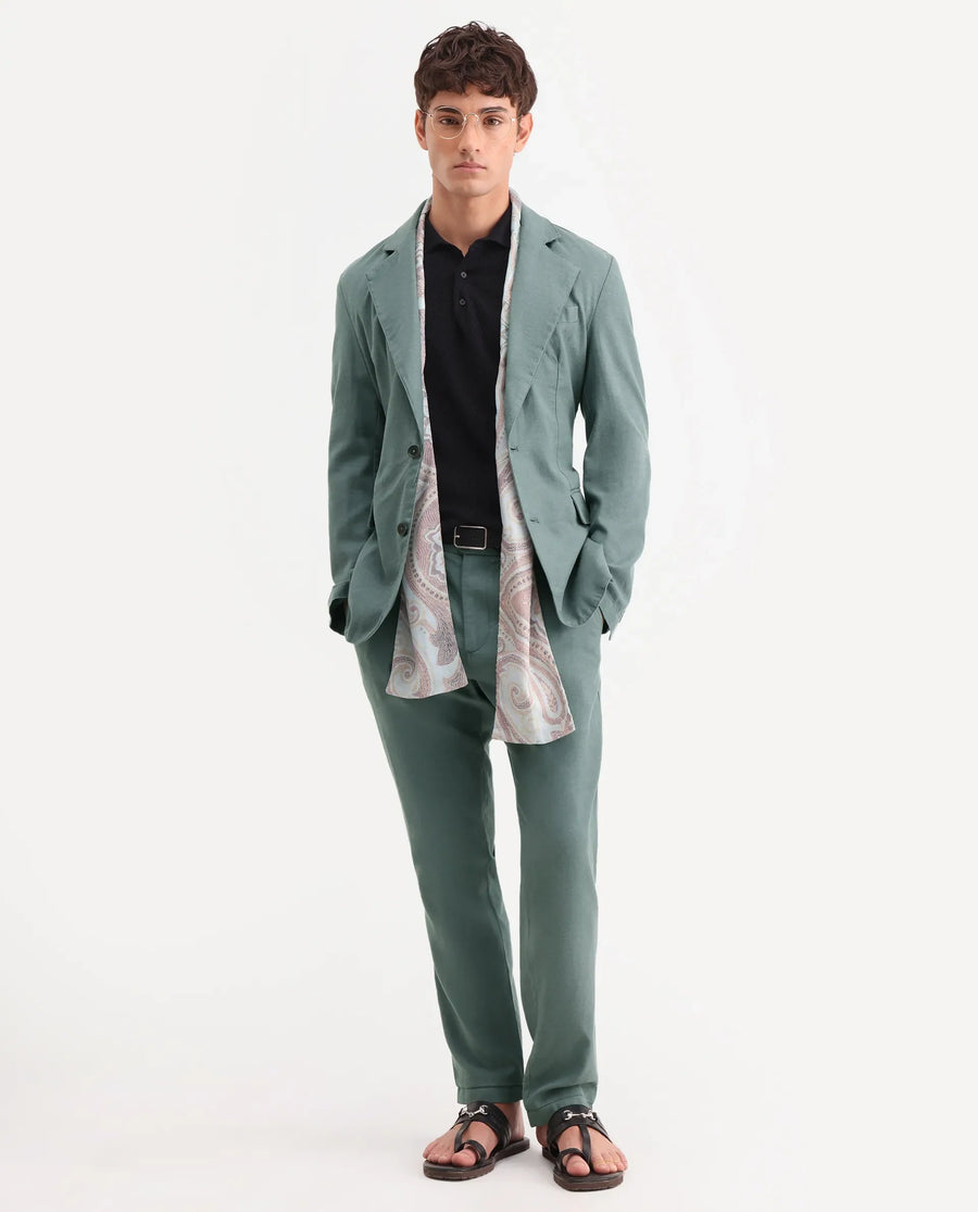 Rare Rabbit Men's Linol Dusky Green Linen Blend Fabric Lapel Neck Tailored Fit Plain Blazer